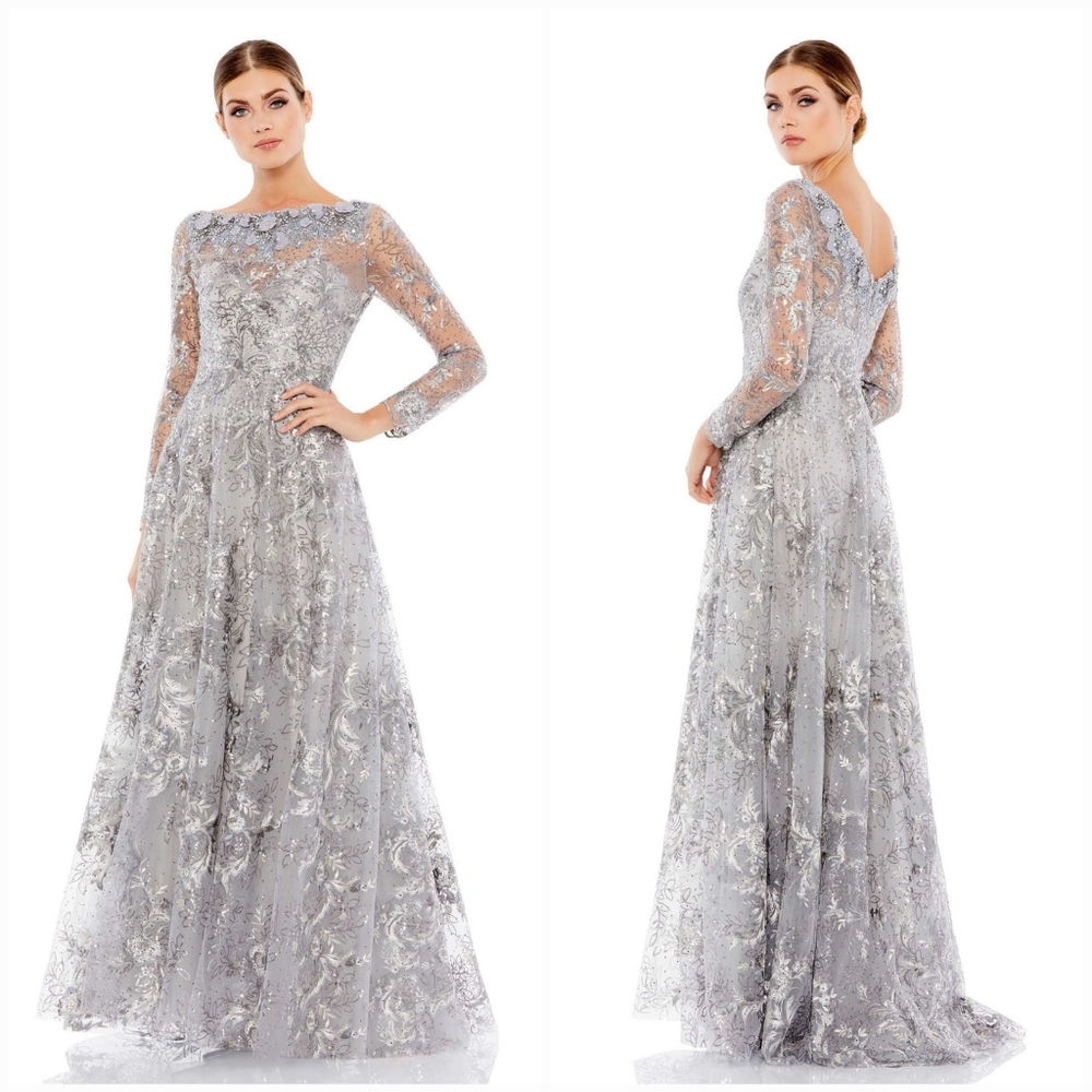 Mac Duggal Silver Lace Wedding Dress